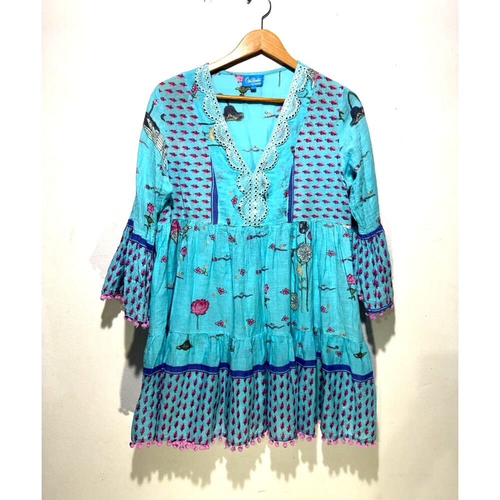Isla Bonita by Sigris dress 100% cotton novelty print tiered aqua blue women L